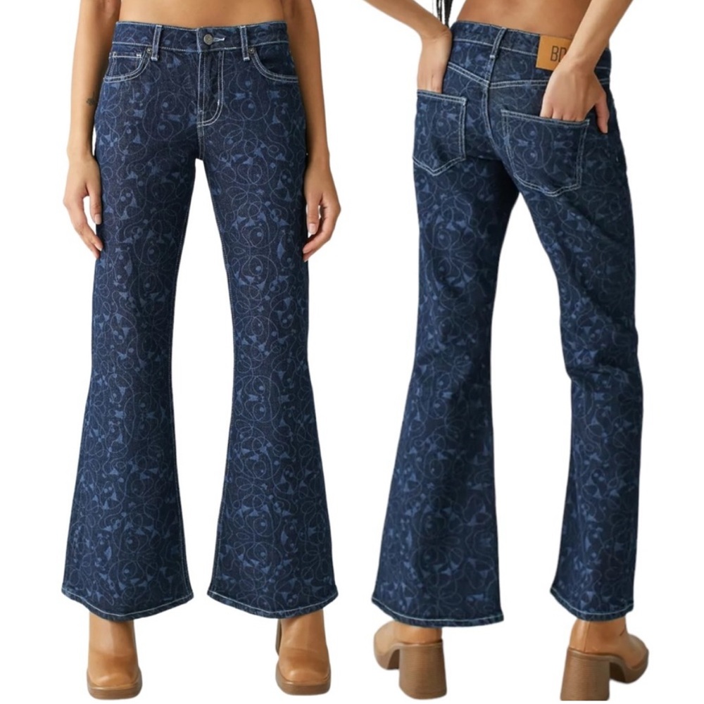 BDG Urban Low Rise Flare Dark Wash Jeans Floral Ivy Pattern Blue Denim
